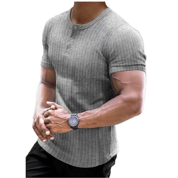 Muscle Cmdr Men's Ribbed Henley Shirt Short Sleeve Slim Fit Muscle Shirt - Picture 1 of 4